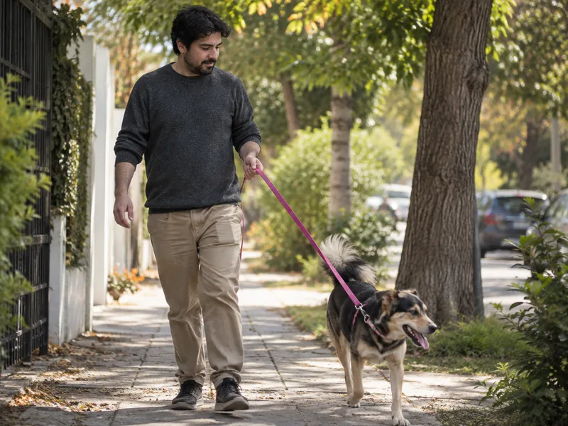 Hombre paseando a su perro por una vereda arbolada